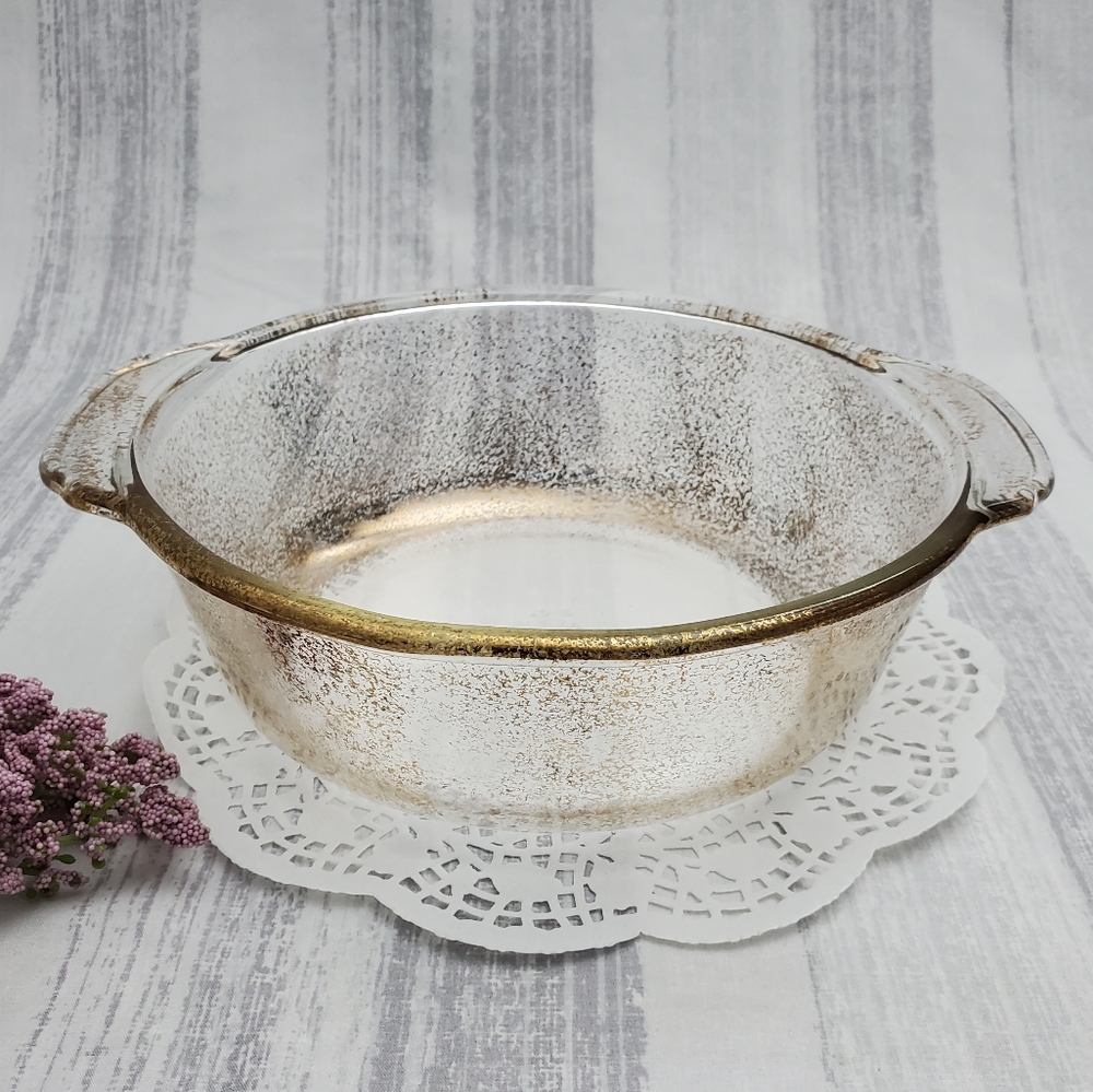 VTG 50's Fire King Gold Speckle Flecks  Round Glass Casserole 2 Qt capacity Dish